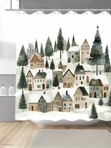 1pc Christmas Tree, House, Snowy Landscape & Pine Tree Digital Printing Mildew-Resistant Waterproof Shower Curtain, With 12 Plastic Hooks And Metal Grommets, Durable And Sturdy Bathroom Accessory