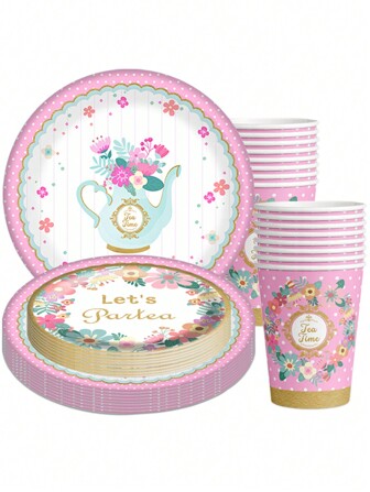 Juego de 60 piezas de vajilla desechable de estilo retro para fiesta de té, que incluye platos de papel, servilletas, asas de taza y tazas de té - Adecuado para cumpleaños, picnics, actividades escolares, diseño floral, acabado brillante