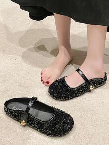 Dép xỏ ngón lấp lánh, Dép xỏ ngón hở lưng pha lê cho nữ, Giày bệt mũi kín thanh lịch mặc mùa hè - màu đen - Xem 4