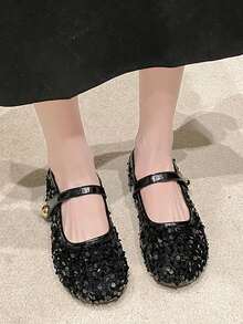Dép xỏ ngón lấp lánh, Dép xỏ ngón hở lưng pha lê cho nữ, Giày bệt mũi kín thanh lịch mặc mùa hè - màu đen - Xem 8
