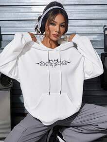 Basic Graphic Print Kangaroo Sweatshirt - 白色 - 查看 1