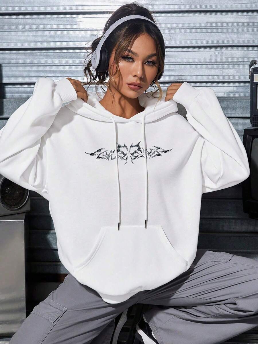 Basic Graphic Print Kangaroo Sweatshirt - 白色 - 查看 1