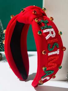 1件红绿相间的圣诞元素纺织发箍，手工缝制，饰以水钻和珠子，字母装饰，时尚百搭，适合作为圣诞礼物，女士发箍发带，发饰 - 查看 2
