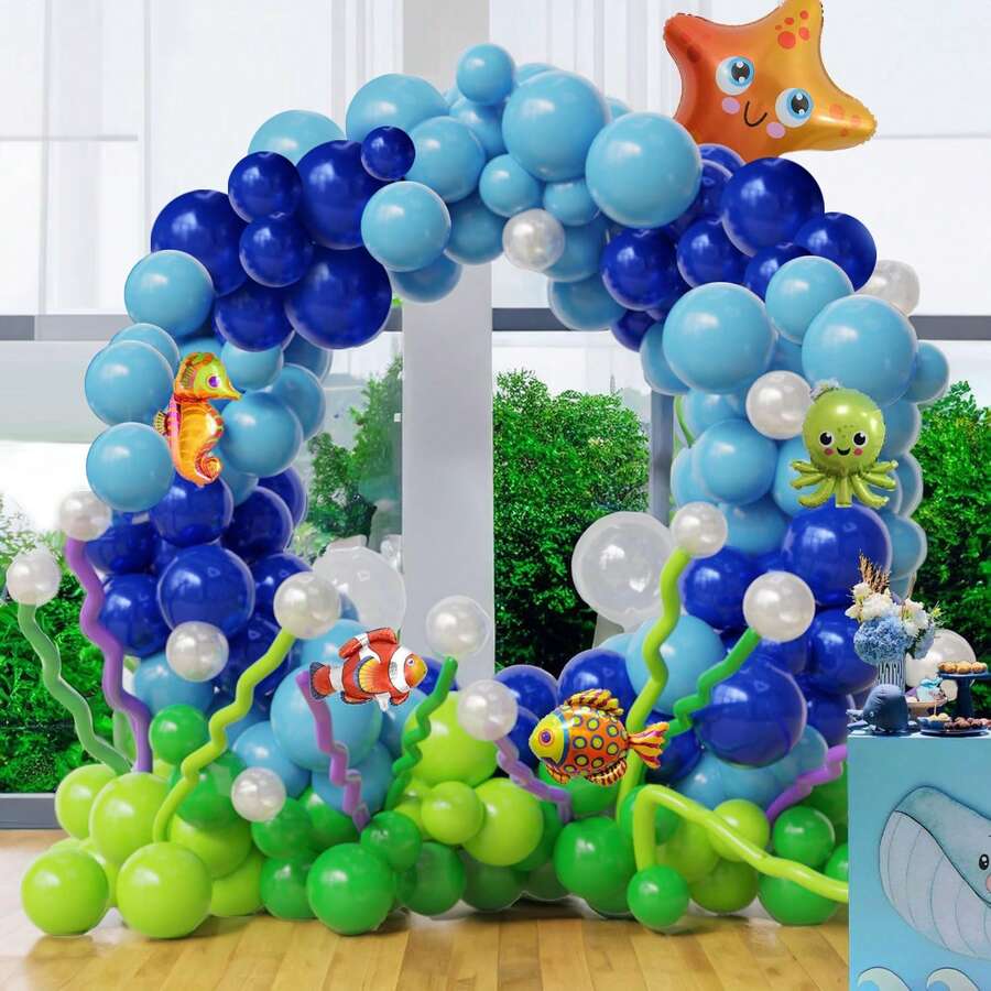 139 件海洋主题气球拱门套装，配有海藻、鱼、海马、海星、铝箔气球和蓝色/绿色乳胶气球，适用于游泳池、海滩、生日、单身派对、结婚周年纪念日拍摄装饰 - 彩色 - 查看 1