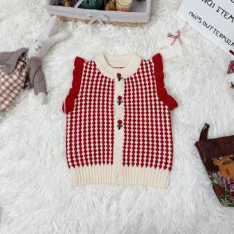 WUHUANG YIYI Baby Girl Elegant Colorblock Embroidered Floral Loose Knit Cardigan Sweater Vest For Casual Daily Outings, Autumn/Winter