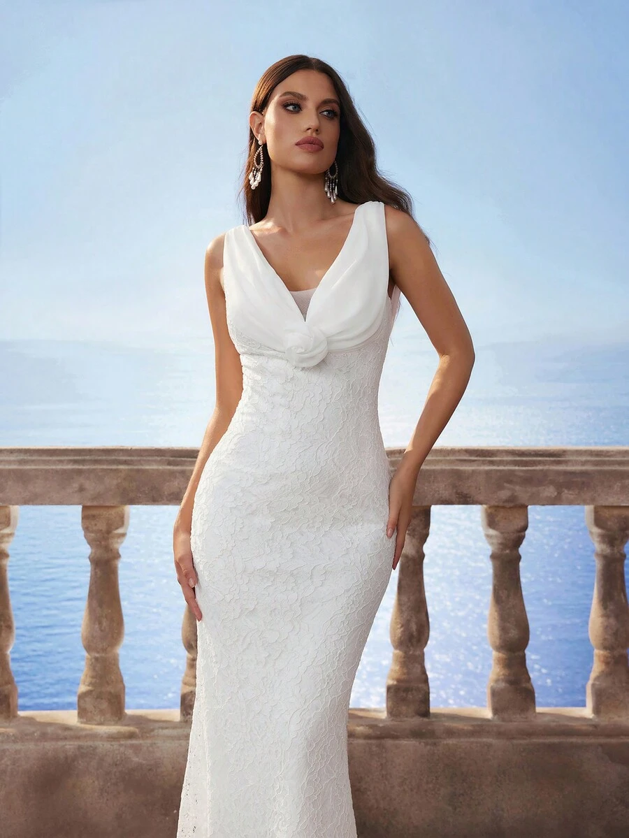 Robe de mariée sirène élégante en dentelle col en V vintage années 50 ajustée, robe de mariée pour mariées