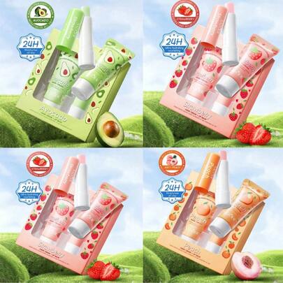 SADOER 2 件套节日礼品套装，水果香味护手霜 + 润唇膏 - 桃子、牛油果、草莓精华护手霜和润唇膏旅行装 - 深层保湿、细致毛孔、紧致肌肤、减少手部干燥和粗糙