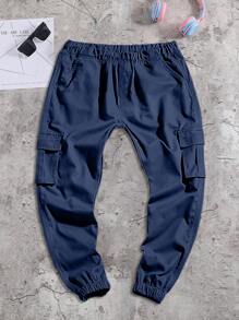 5 件青少年/男童舒适纯色松紧腰休闲工装裤，多口袋，适合所有季节，性价比高 - 黑色 - 查看 6