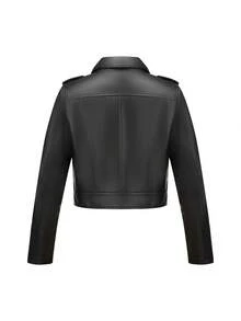 Women's Autumn/Winter Simple Versatile Faux Leather Jacket, Short Motorcycle Jacket - Black - View 4