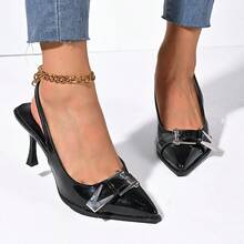 女士黑色时尚性感尖头扣配饰，镂空松紧带，闪光鞋面，一脚蹬，3.1 英寸高跟，适合舞会、派对、户外休闲 - 黑色 - 查看 3