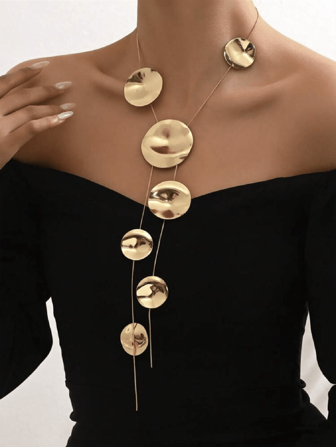 1pc Fashionable European And American Style Exaggerated Personalized Metal Disc Long Necklace, Metal Geometric Disc Tassel Long Necklace, Chic Street Style Choker Necklace, Gold Metal Disc Tassel Earrings, Minimalist Design Versatile Luxurious Stainless Steel Necklace, Suitable For Party, Daily Commute, Women