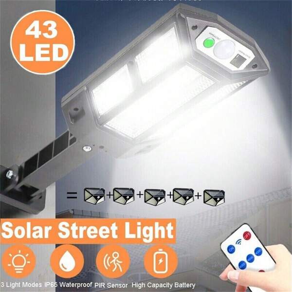 1 pieza Luz de pared solar LED súper brillante de 6500K, sensor de movimiento, 3 modos de iluminación, lámpara de seguridad para jardín exterior, calle, patio, con batería para eventos/tiendas (43 LED/Versión antigua, con/sin control remoto opcional)