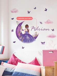 1 Piece 11.81 * 47.2 Inch Custom Text Wall Stickers, Moon Girl, Flowers, Butterflies, Stars, Cloud Cartoon Wall Stickers, Self-Adhesive Paintings For Bedroom, Living Room, Study, Classroom Decoration, PVC Removable, Valentine's Day, Valentine's Day Decor Adhesive Stylish,Adorable,Colorful Custom,Personalized,Unique Ideal Gifts For Her Friends,Son,Daughter,School Students,Workers,Kids School,Home,Office Birthday Graduation