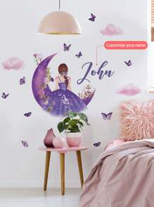 1 Piece 11.81 * 47.2 Inch Custom Text Wall Stickers, Moon Girl, Flowers, Butterflies, Stars, Cloud Cartoon Wall Stickers, Self-Adhesive Paintings For Bedroom, Living Room, Study, Classroom Decoration, PVC Removable, Valentine's Day, Valentine's Day Decor Adhesive Stylish,Adorable,Colorful Custom,Personalized,Unique Ideal Gifts For Her Friends,Son,Daughter,School Students,Workers,Kids School,Home,Office Birthday Graduation