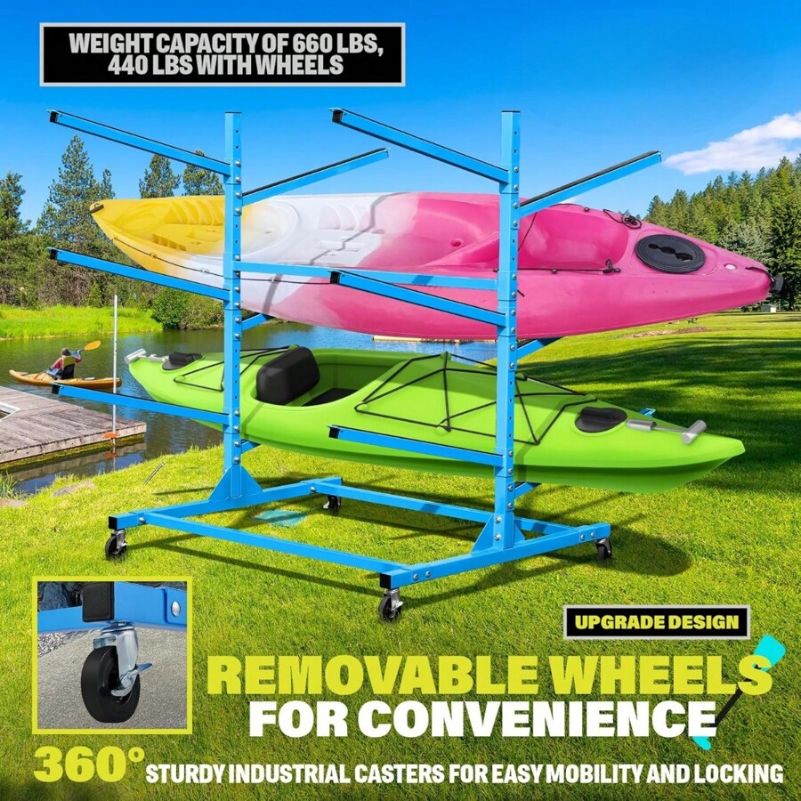 Indoor Outdoor Kayak Storage Rack With Lockable Wheels, Heavy Duty ...