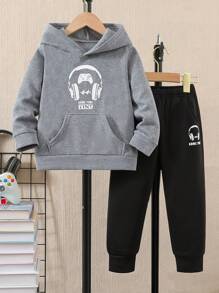 2 件装年轻男孩冬季连帽衫运动衫和裤子休闲运动套装 - 灰色 - 查看 1