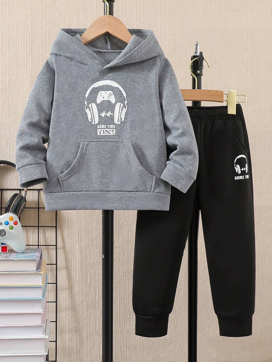 2 件装年轻男孩冬季连帽衫运动衫和裤子休闲运动套装 - 灰色 - 查看 1