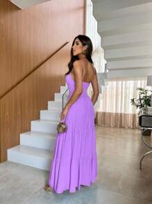 Women's Long Plain Dress With Thin Straps And Ruched Detail With Elastic - 紫丁香色 - 查看 2
