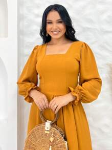 Women's Long Sleeve Midi Mullet Dress With Ruffles Tailoring Square Neckline Spring Summer Christian Evangelical Fashion REF: Angela - 駝色 - 查看 5