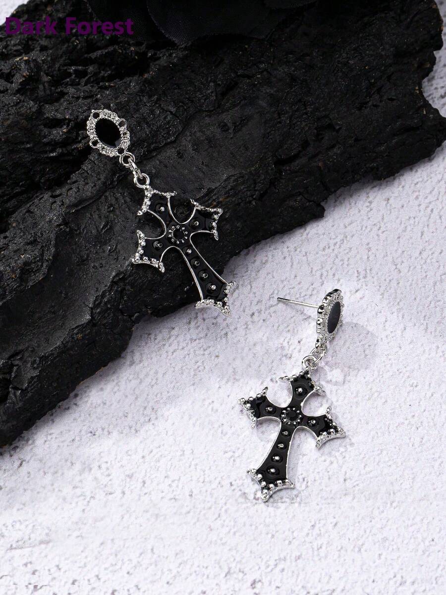 1 Pair Gothic Dark Cool Cross Shaped Drop Earrings, Black Color