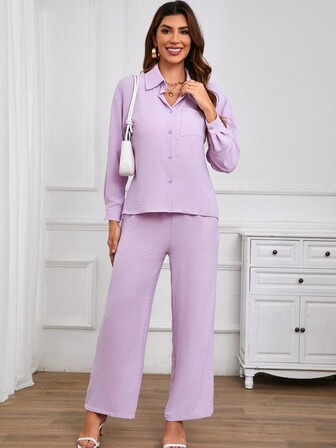 2 件套新款休闲长袖衬衫和高腰宽松 3/4 裤，时尚秋冬装