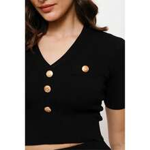 Cropped Knit V-Neck Blouse With Gold Buttons - màu đen - Xem 3
