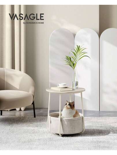 VASAGLE Tavolino, Tavolino Rotondo con Cestino in Tessuto, Spazioso, per Soggiorno Camera da Letto, Comodino, Stile Moderno, Beige Naturale e Bianco Crema