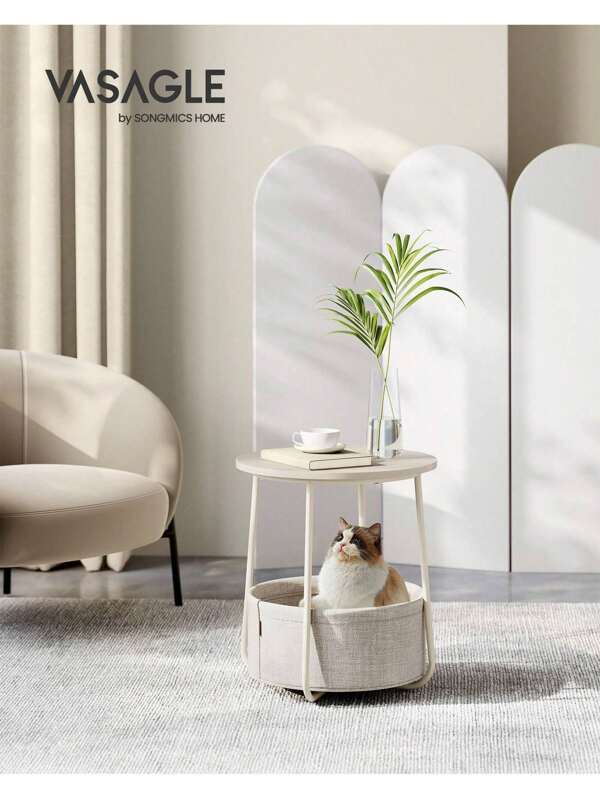 VASAGLE Tavolino, Tavolino Rotondo con Cestino in Tessuto, Spazioso, per Soggiorno Camera da Letto, Comodino, Stile Moderno, Beige Naturale e Bianco Crema
