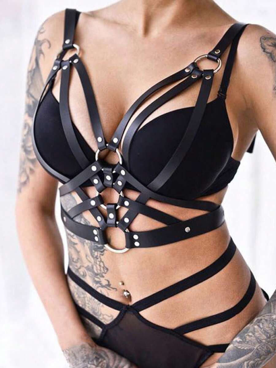 1 条时尚腰带女式街头风格可调节朋克腰带束缚带吊带女士哥特式腰带服装配饰 - 黑色 - 查看 1