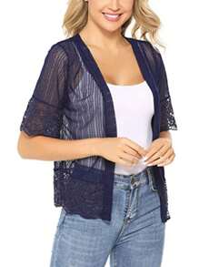 Womens Open Front Shrug, Short Sleeve Solid Color Lace Patchwork Sheer Bolero Cover Up - Navy Blue - View 3