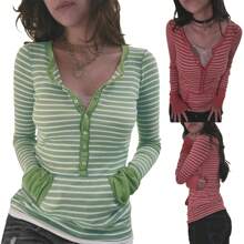 Long Sleeve Tops For Women Striped Button Up Tunic Shirts Loose Fit Sexy Henley Tee Blouses - màu xanh lá - Xem 4