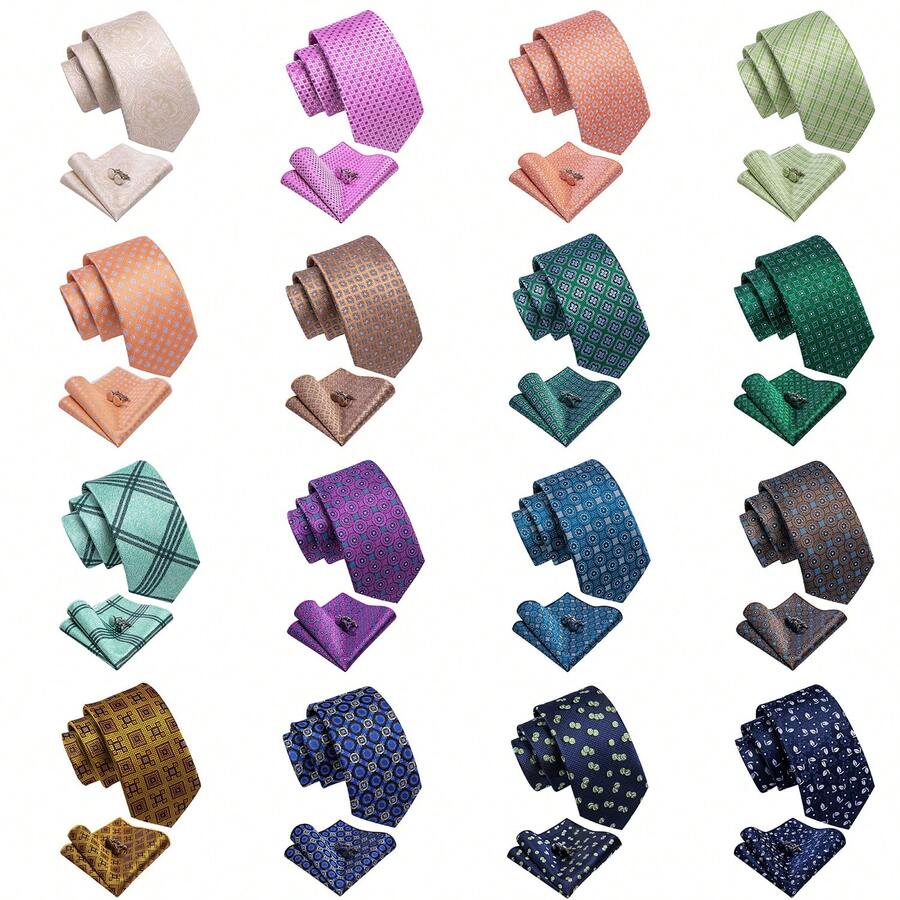 3 chiếc cà vạt Jacquard màu đỏ xanh lá cây tím đen dành cho nam thời trang cà vạt công sở dự tiệc cưới kèm khăn tay và khuy măng sét, lựa chọn lý tưởng làm quà tặng - Nhiều màu - Xem 1