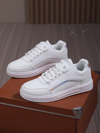 男士简约系带休闲运动鞋，白色拼接，舒适日常穿着，情侣款，校园运动风