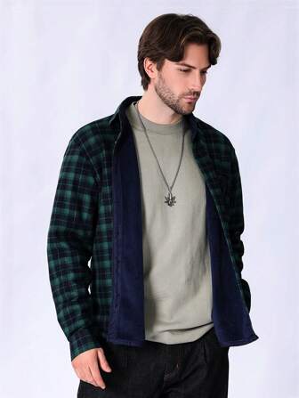 Men Thermal Lined Thick Warm Plaid Casual Shirt Jacket, Long Sleeve For Autumn & Winter