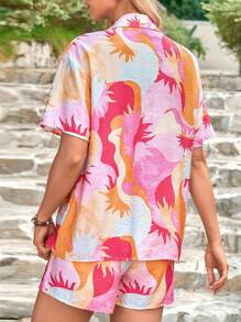 Women's Summer Two-Piece Printed Short-Sleeved Top Casual Printed Shorts Casual Seaside Holiday Set - Pink - View 6