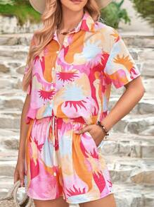 Women's Summer Two-Piece Printed Short-Sleeved Top Casual Printed Shorts Casual Seaside Holiday Set - Pink - View 1