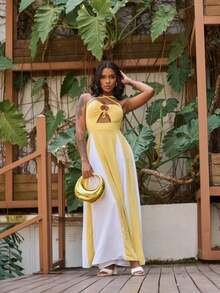 Women's Two-Tone Long Dress With Thin Straps And Adjustable Neckline Detail - Elegant Chic Summer Women's Fashion - Màu vàng - Xem 4