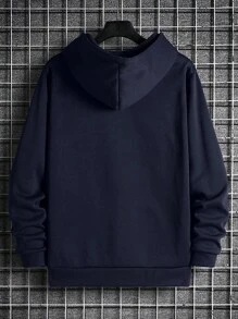 Men's Casual Number "7" Print Pocket Drawstring Hoodie, Autumn/Winter - Navy Blue - View 6