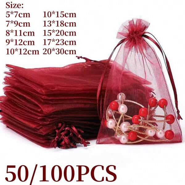 50/100 pezzi Borsette in organza colore vino rosso, sacchetti per caramelle per decorazione tavola, decorazioni natalizie per la casa, confezioni regalo per San Valentino, adatti per feste, matrimoni, regali, picnic all aperto, borsette per gioielli, caramelle, borse da viaggio