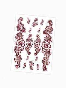 1 张勃艮第红色指甲花纹身贴纸，适用于手部和身体艺术的花朵临时纹身，女士栗色假纹身，婚礼节日派对用的一次性可移除指甲花贴纸 - 酒紅色 - 查看 10