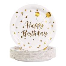 10pcs White And Gold Birthday Party Supplies Disposable Happy Birthday Tableware Set Golden Birthday Paper Plates Napkins Dinnerware For Birthday Party Table Decorations - Multicolor - View 10