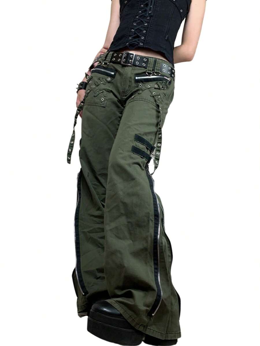 Women Y2k Cargo Pants Punk Mid Rise Zipper Fly Casual Slim Fit Wide Straight Leg Baggy Pants Flare Pants Grunge Trousers With Pockets E-Girls Vintage Grunge Aesthetic Clothes Boyfriend Trousers Streetwear 2000s Fall Spring Summer Outfit
