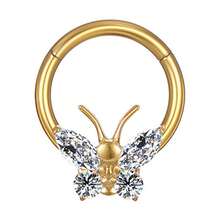 PIERCING RING TITANIUM PVD ARTICULATED SEGMENT BUTTERFLY ZIRCONIA STUDDED 1.2X8 - Vàng - Xem 1