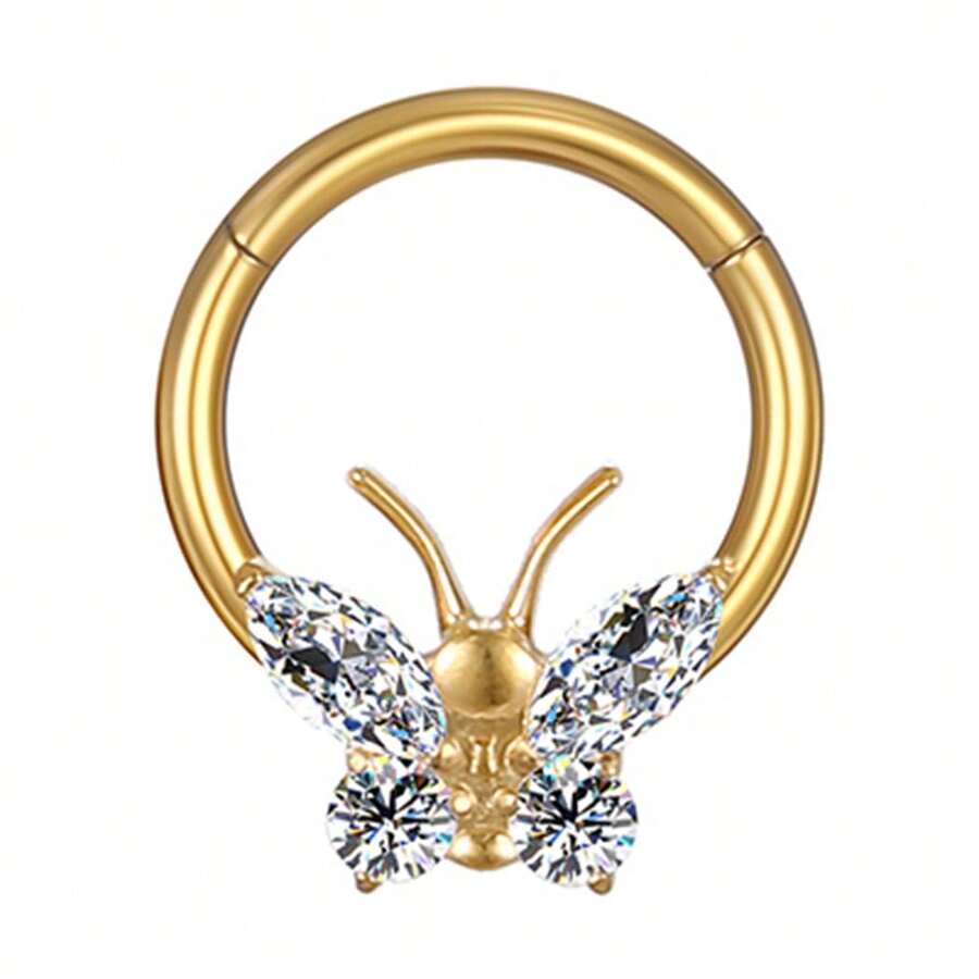 PIERCING RING TITANIUM PVD ARTICULATED SEGMENT BUTTERFLY ZIRCONIA STUDDED 1.2X8 - Vàng - Xem 1