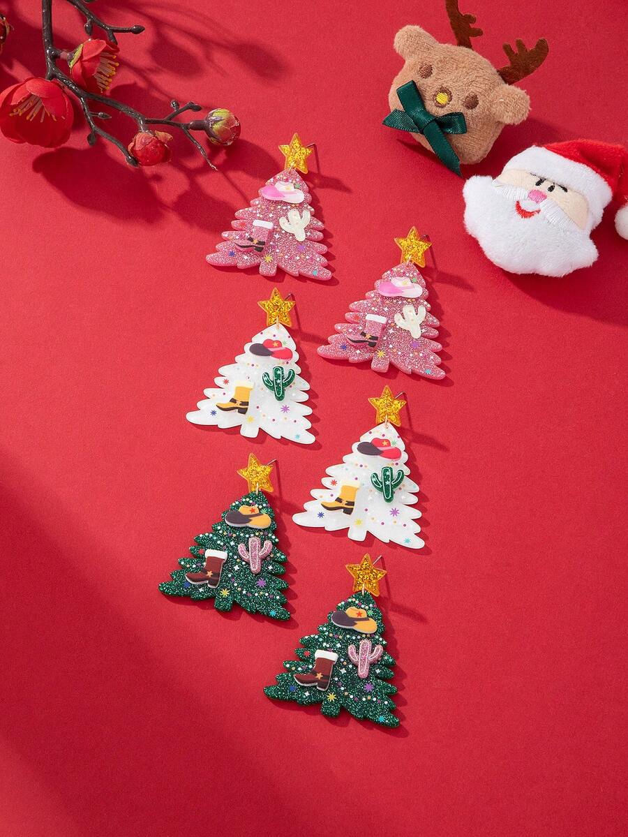 1 Cặp mũ cây thông Noel bằng acrylic lấp lánh, giày bốt, hoa tai lủng lẳng trang trí hình xương rồng, món quà hoàn hảo cho phụ nữ - bông tai giáng sinh - Xem 1