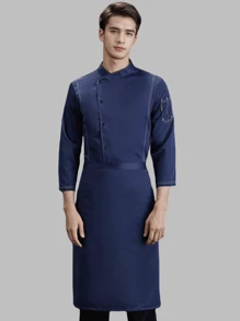 新款时尚纯蓝色厨师服男女通用长袖秋冬装，高端酒店厨房、西餐厅、面包店、咖啡店。耐用、耐洗、防褪色、不起球、不缩水、不褪色。易干、舒适、光滑、透气。面料饱满，3D效果强，悬垂性好。精致定制纽扣，纹理圆润，易于抓握。袖口设计简洁，宽松舒适，活动自如。V 领，方便穿着 - 藏蓝色 - 查看 1