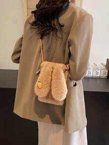 全新秋冬可爱兔耳朵胡萝卜毛绒手机包斜挎包单肩包时尚迷你小钱包女士 - 卡其色 - 查看 4