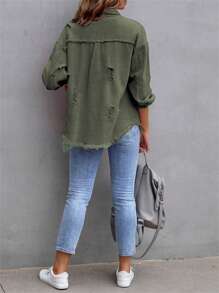 Women's Spring Autumn Denim Coat Lapel Long Sleeve Solid Color Button Up Ripped Jean Jacket - Army Green - View 3