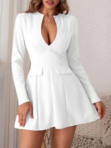 WOWDARK 女式 V 领长袖后拉链仿口袋迷你连衣裙，休闲度假