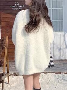 舒适蓬松柔软休闲超大连帽开衫、V 领针织毛衣，秋冬季新款 - 白色 - 查看 2